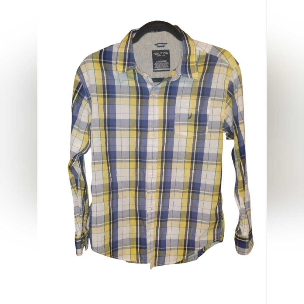 Nautica Boys Yellow, Blue Plaid Long Sleeve Button Down Shirt Size 14